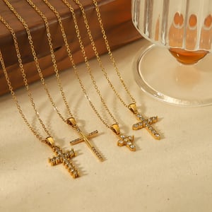 1 Piece Simple Style Cross Shape Stainless Steel  Gold Color Inlay Rhinestones Women's Pendant Necklaces For Daily Decor h5 